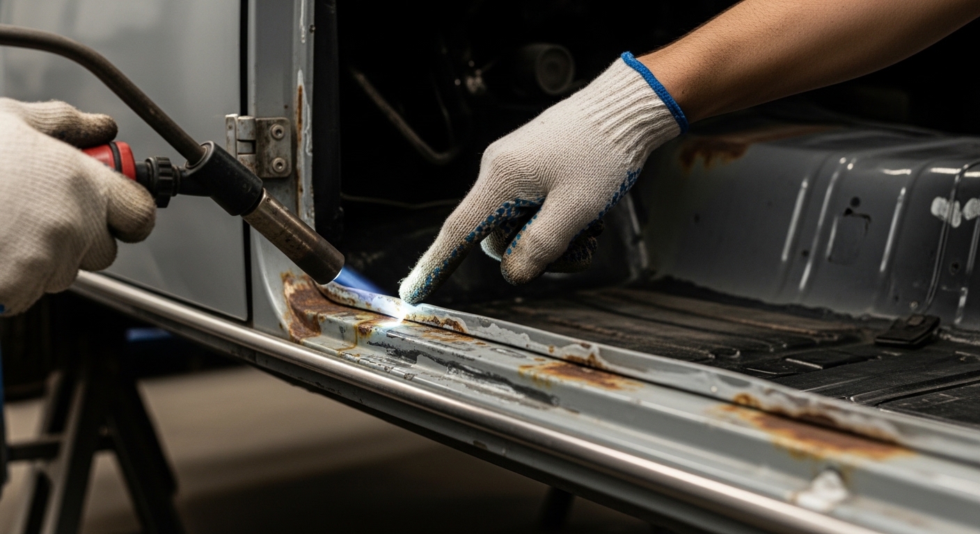 Gloved hands inspect and heat a rusty car door sill and floor edge in a workshop.