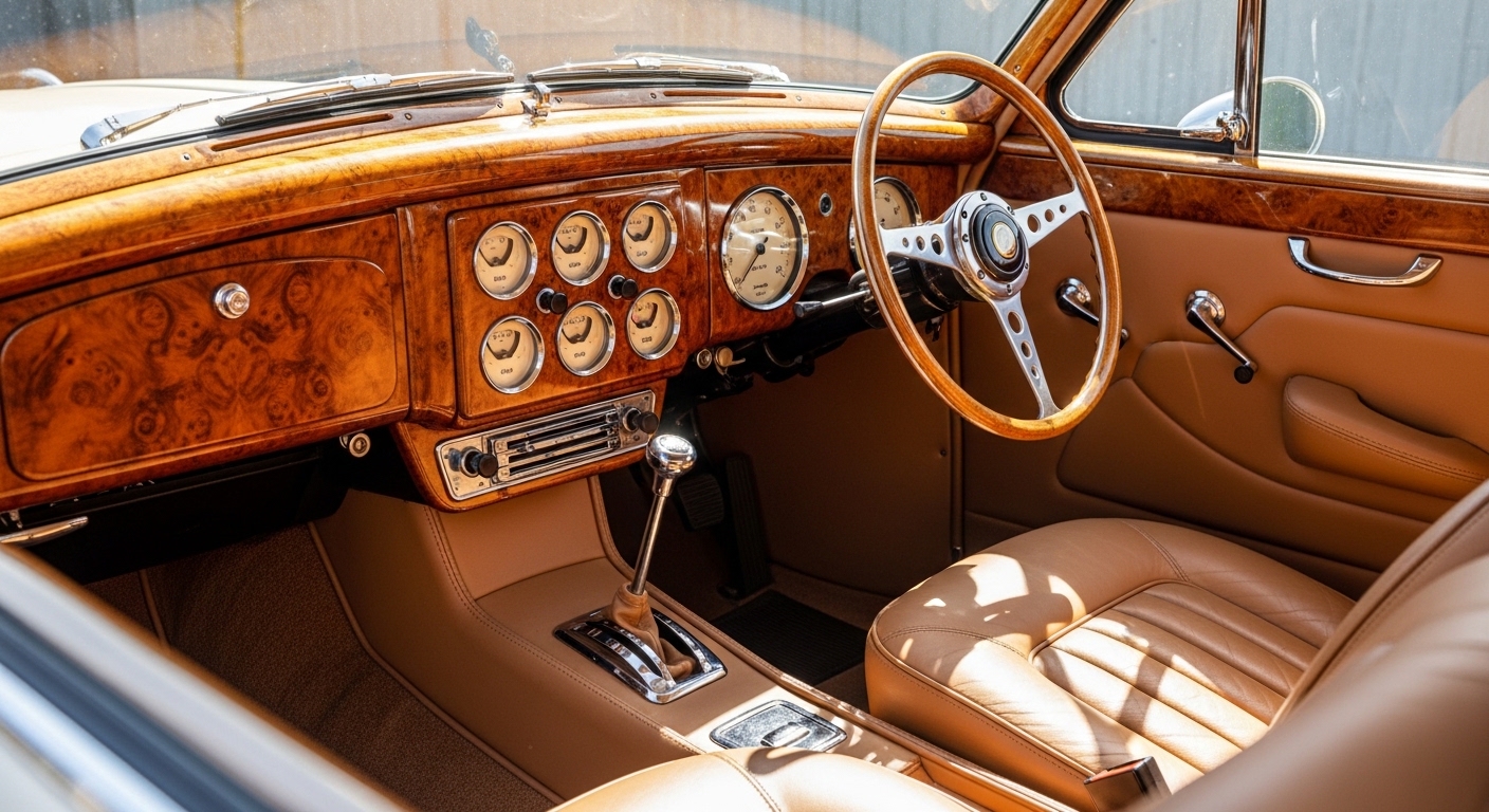 Classic car interior with glossy wood dashboard, analog gauges, and tan leather seats