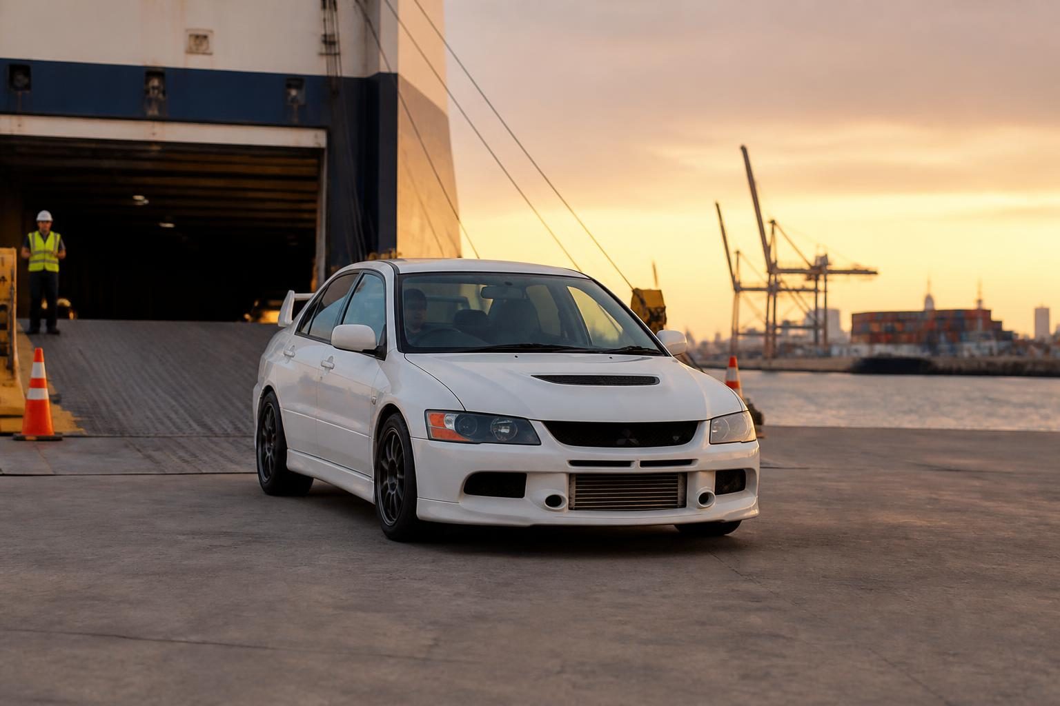 White performance sedan driving down a ship ramp at a harbour terminal at sunset.