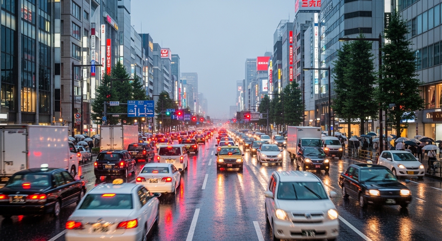 Rainy urban avenue in Japan with dense traffic, glowing brake lights, and pedestrians holding umbrellas
