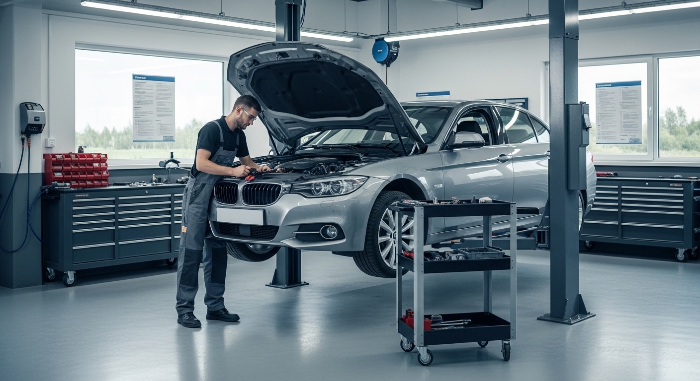 Mechanic inspecting a silver car with the bonnet open in a clean auto workshop