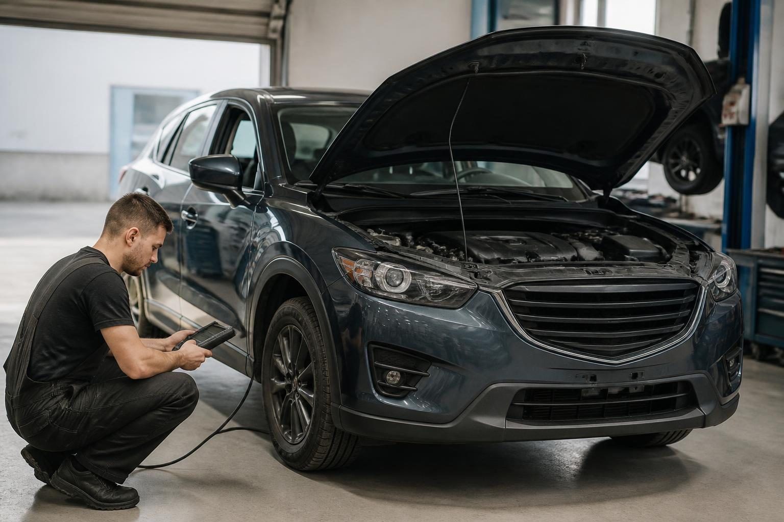 Mechanic uses a handheld diagnostic scanner beside a dark SUV with its hood open in a workshop.