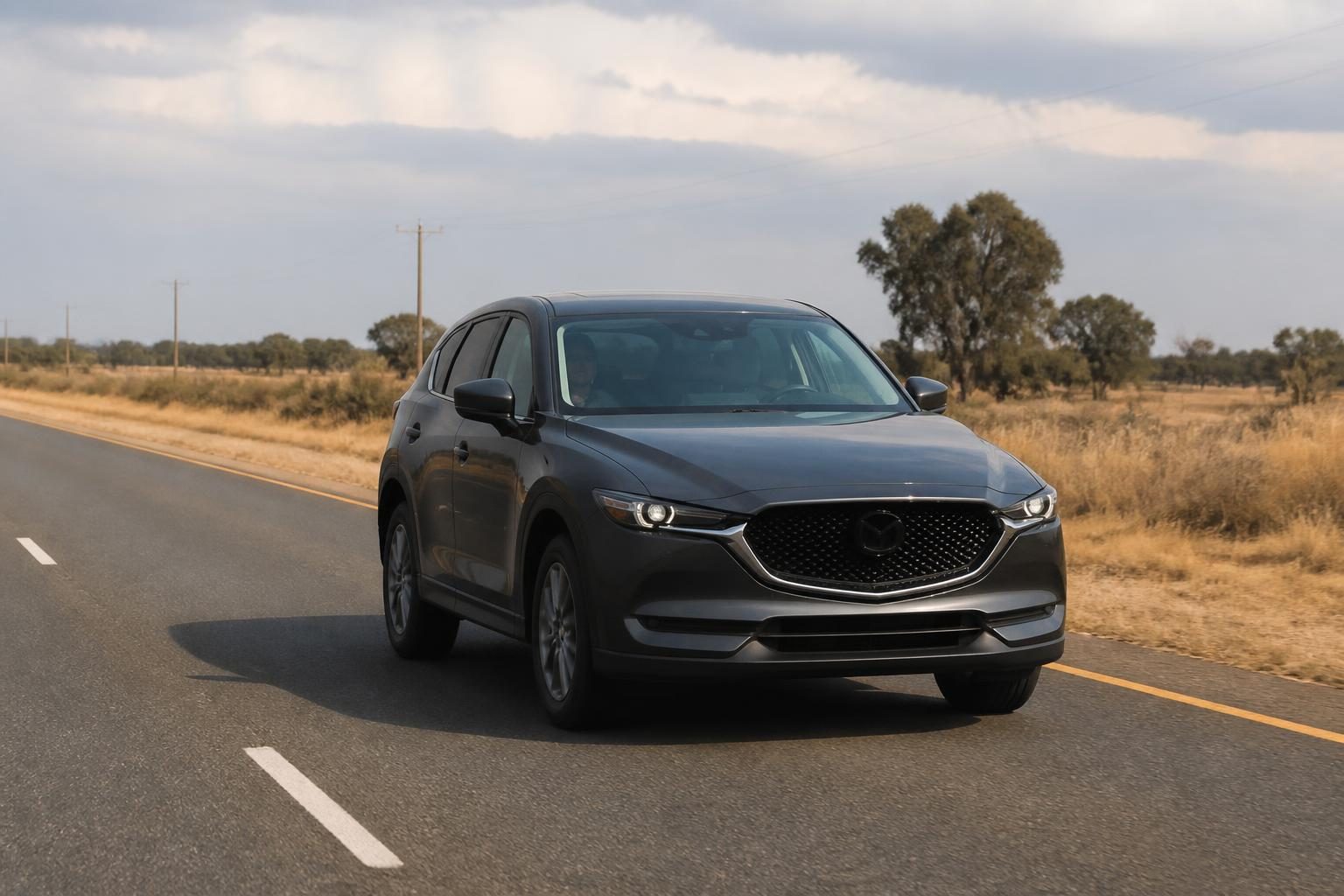 Dark gray SUV driving on a paved rural road beside dry grass and scattered trees.