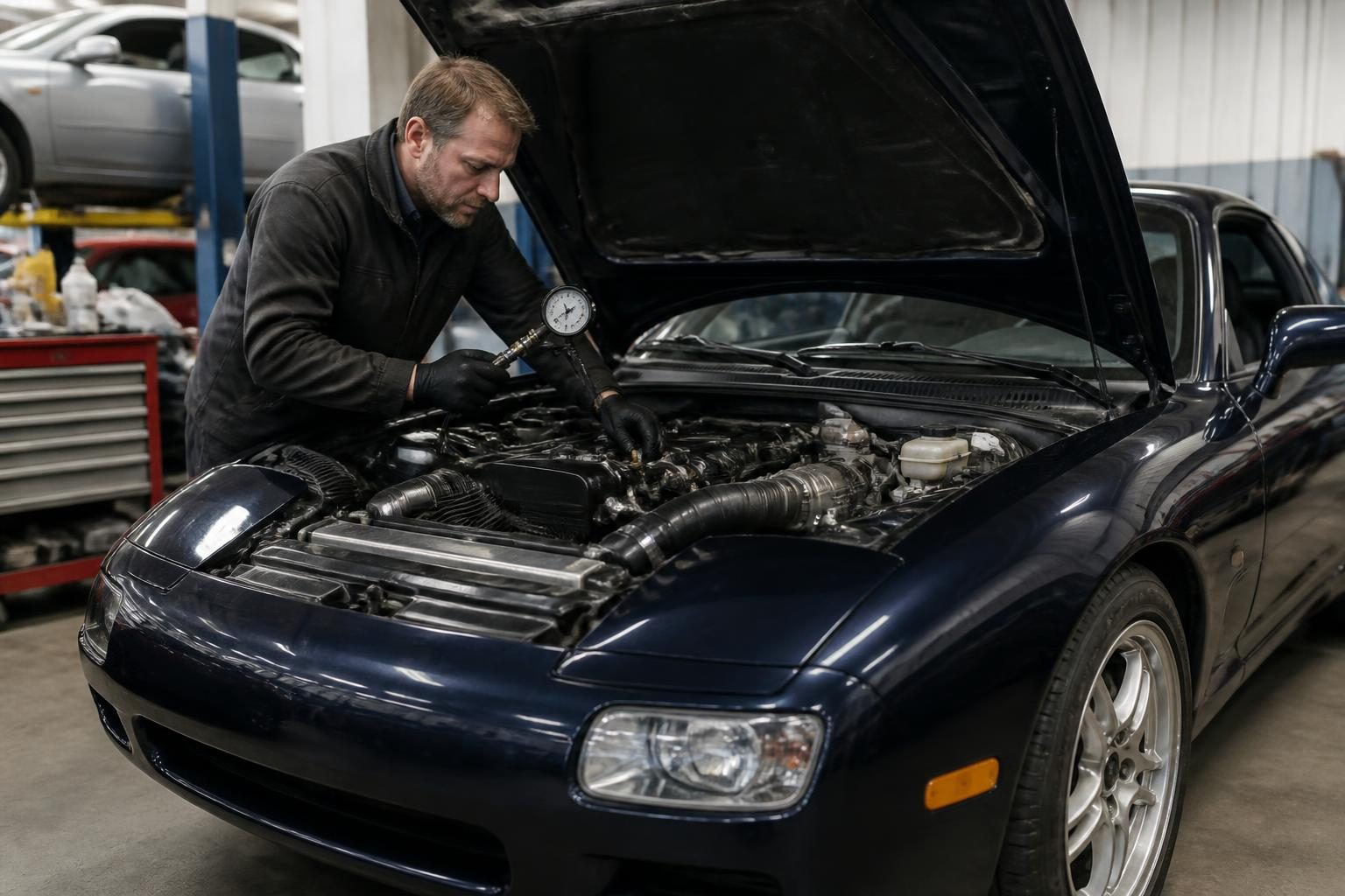 Mechanic holding a gauge over the open engine bay of a dark blue Mazda sports car in a workshop.