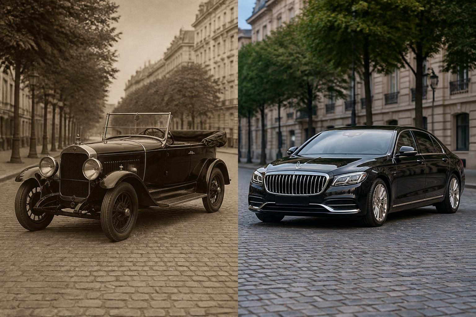 Vintage open-top touring car beside a modern black luxury sedan on a cobblestone boulevard.