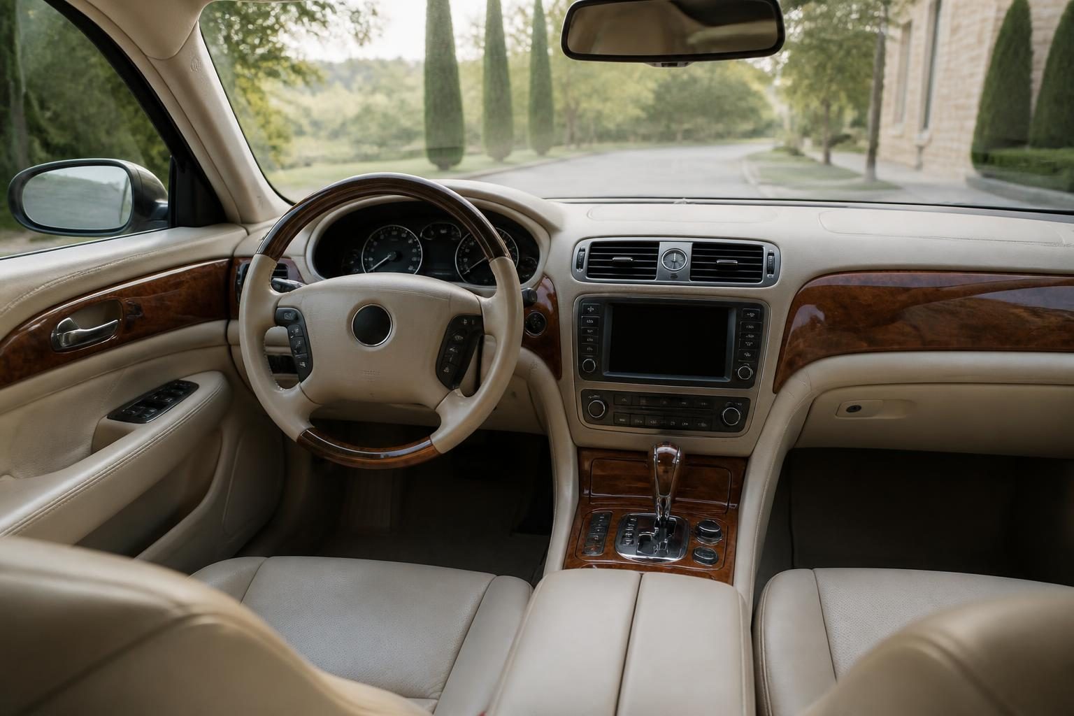 Luxury sedan front cabin with cream leather seats, wood trim, steering wheel, and center console.
