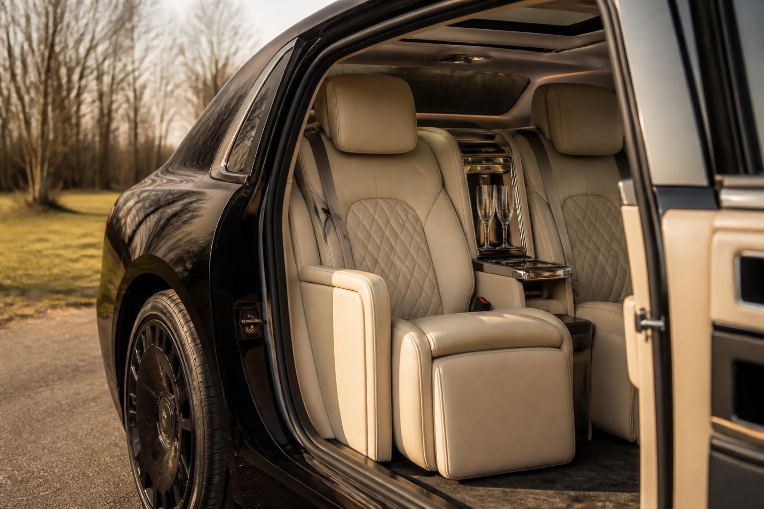 Luxury car rear cabin with cream quilted leather seats and champagne flutes in center console.