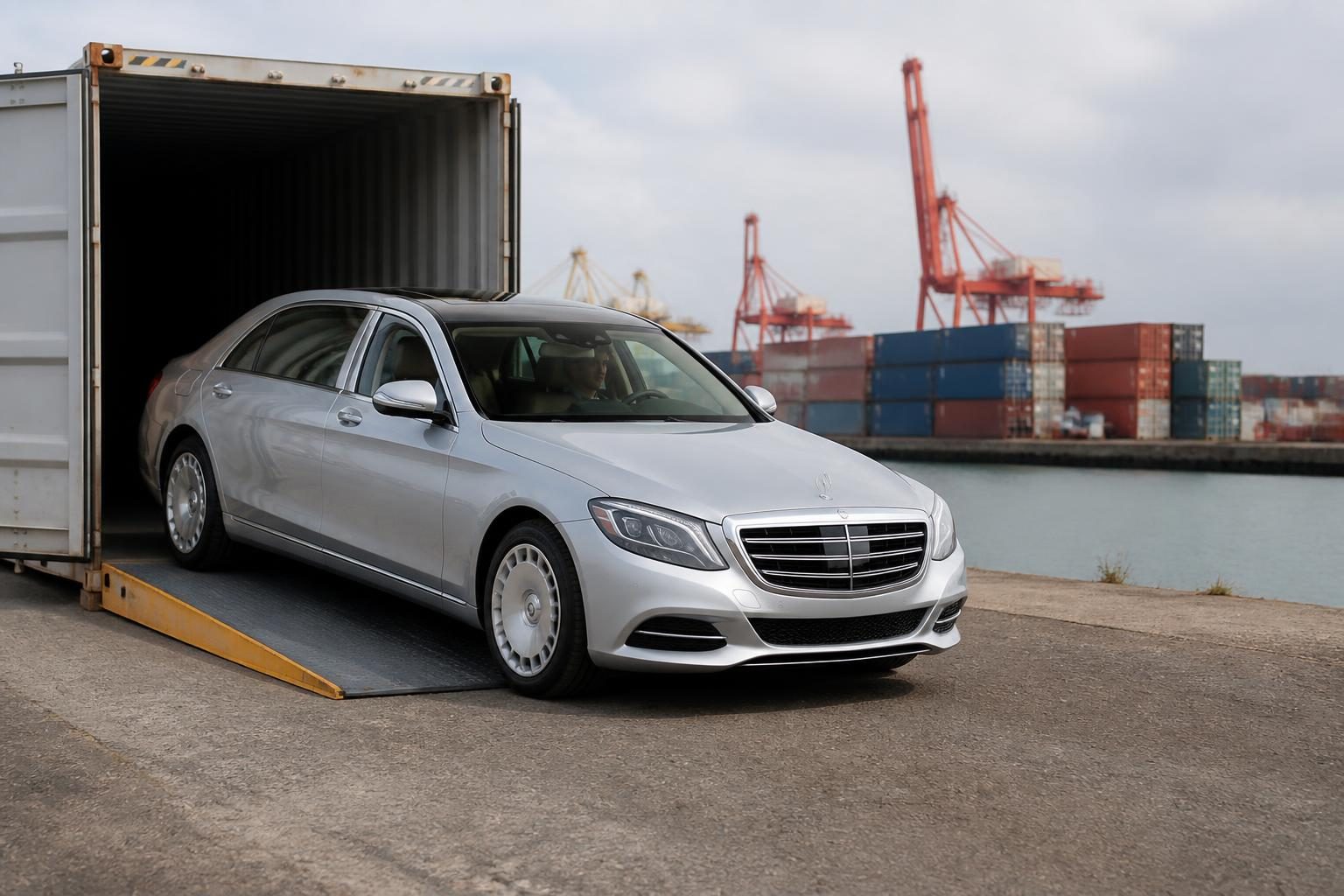 Silver luxury sedan driving out of an open shipping container at a harbour dock.