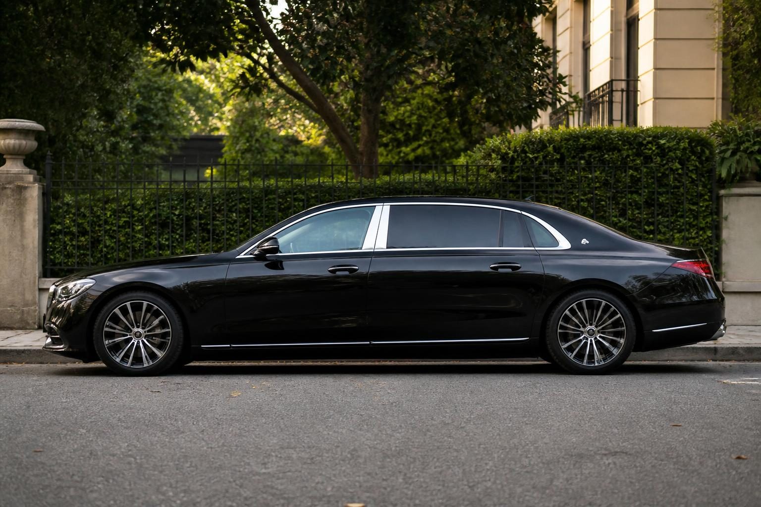 Side profile of a black long-wheelbase luxury sedan parked beside hedges and a stone building.