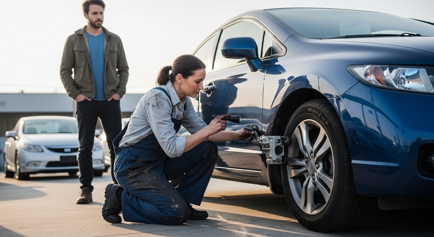 A buyer watches a mechanic inspect a used car before committing to the purchase