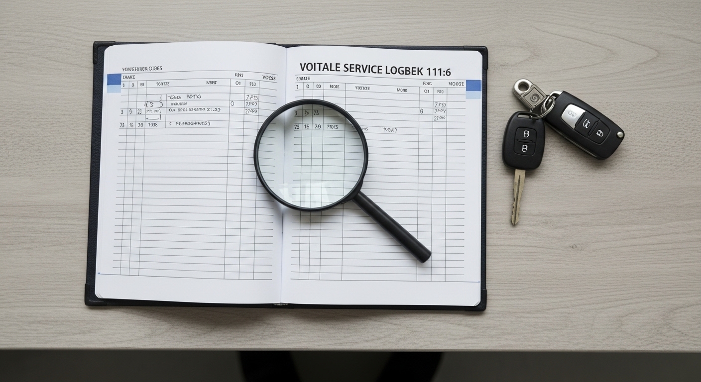 A service logbook, magnifying glass and car keys laid out on a workshop bench for a reliability assessment