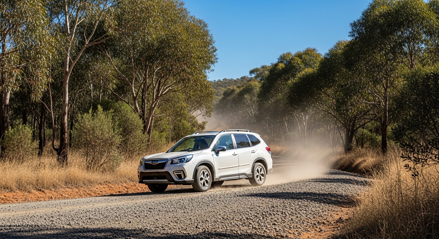 A white Subaru Forester on a gravel country road, showing its all-wheel-drive capability in the Australian bush