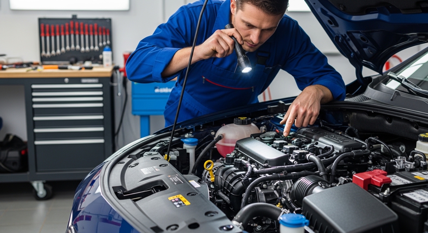 A mechanic inspects the engine bay of a used car during a pre-purchase check