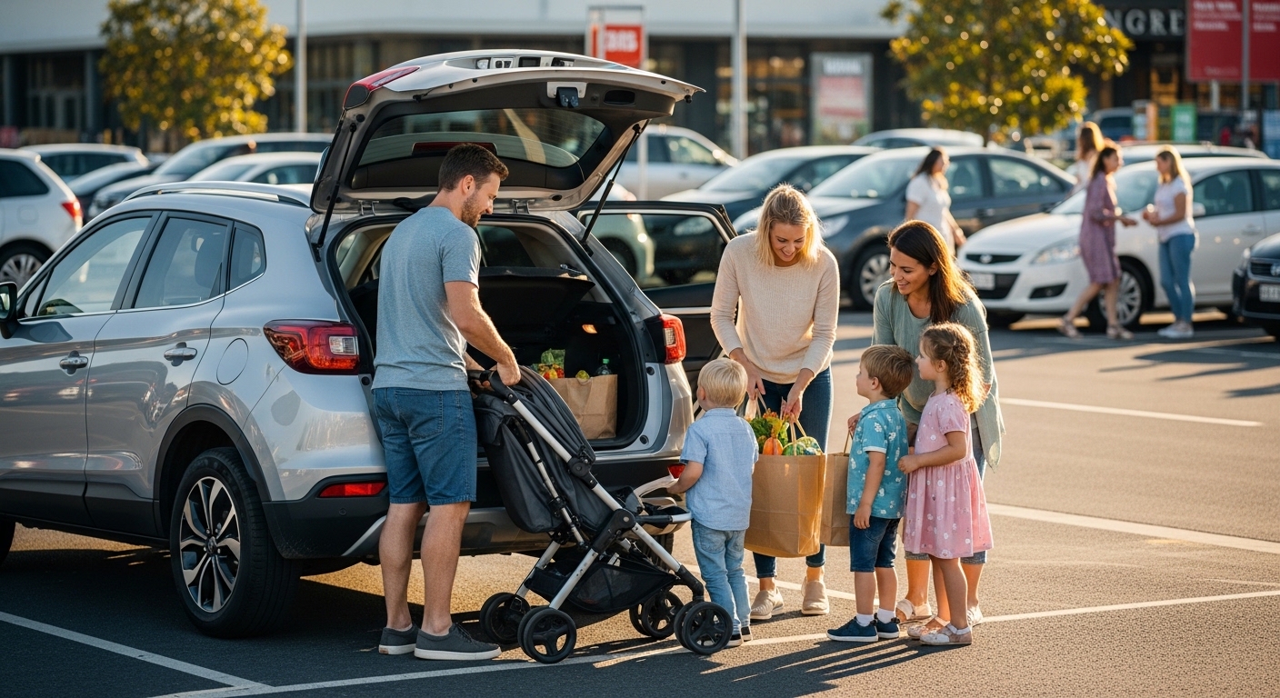 A family loads shopping and a pram into a compact SUV boot, choosing a used car that fits everyday life