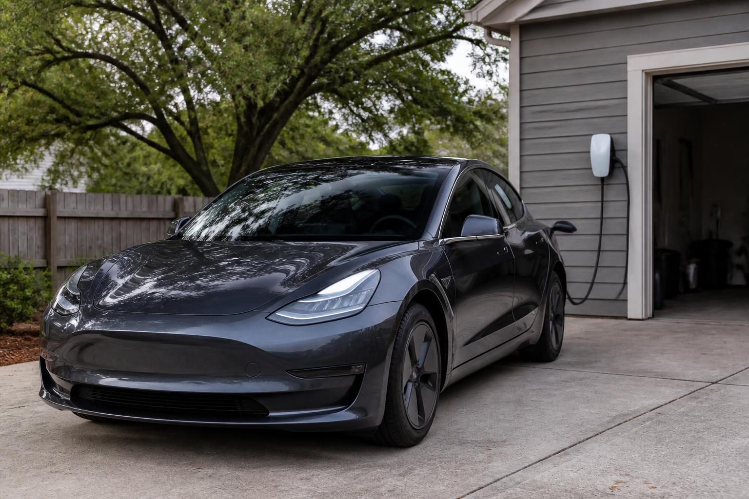 Dark electric sedan charging from a wall-mounted unit beside an open garage.