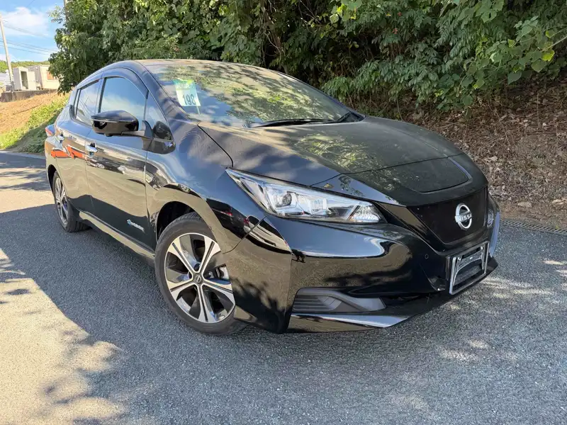 Front three-quarter view of a black Nissan Leaf ZE1 parked on a roadside.