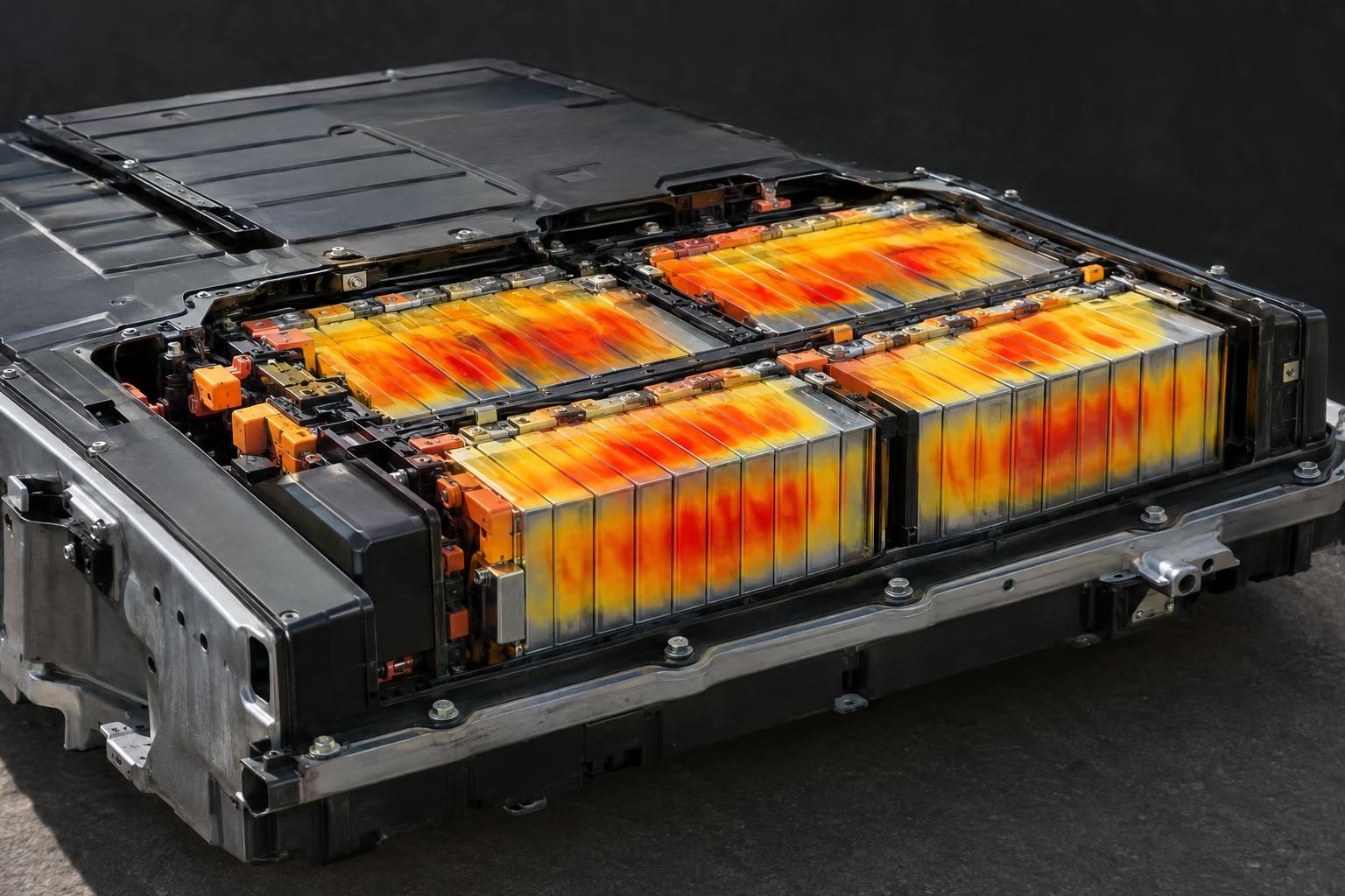 Exposed lithium-ion EV battery module with prismatic cell stacks and orange-red heat overlay.
