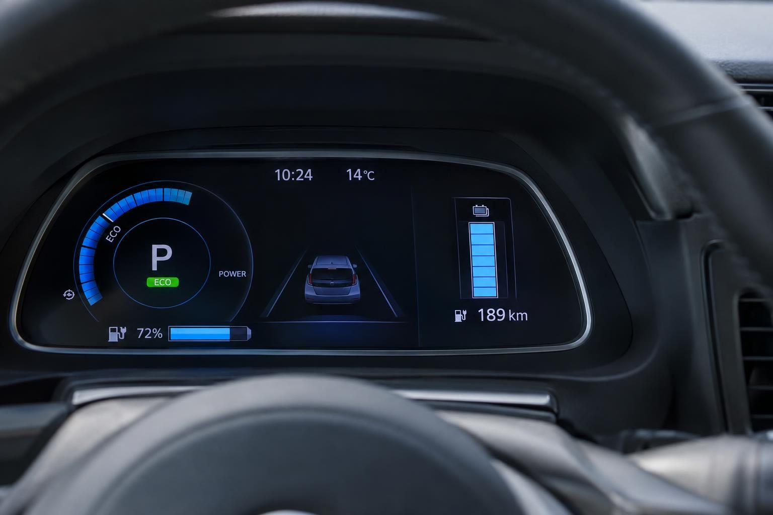 Digital EV instrument display showing 72% charge and an estimated range of 189 km.