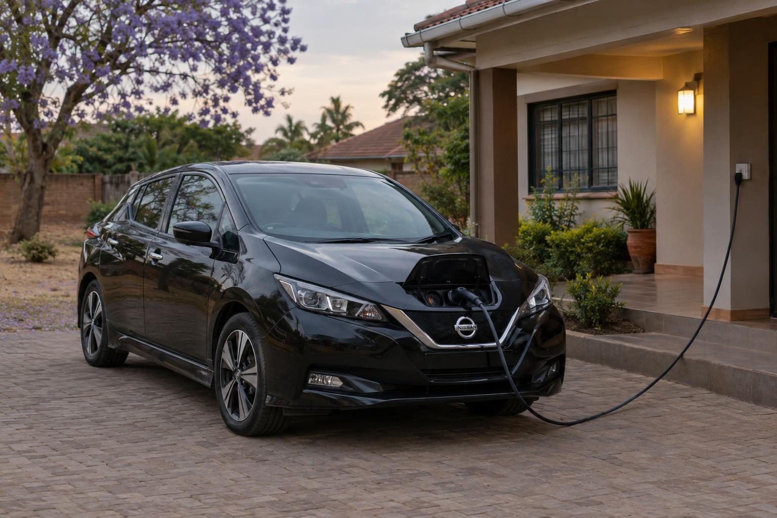 Black Nissan Leaf ZE1 charging from a wall socket outside a house at dusk.