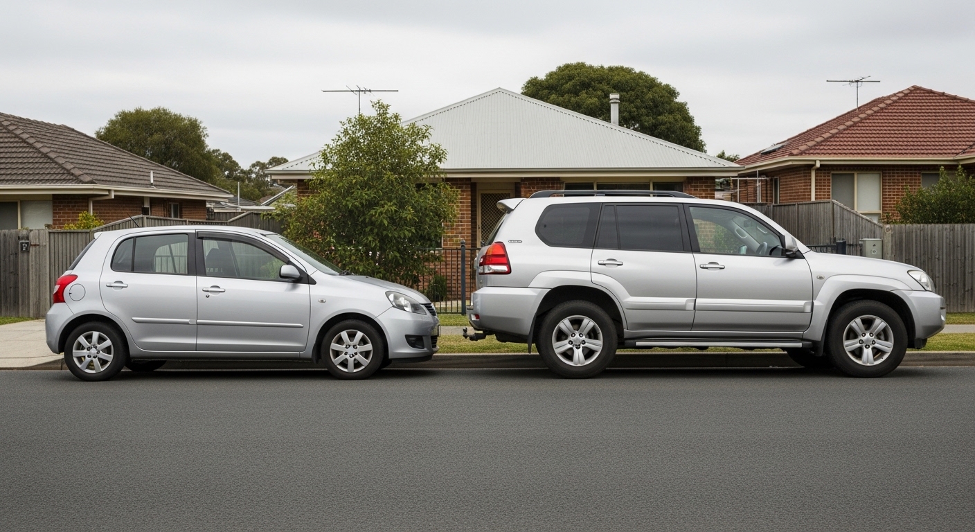 Silver hatchback parked beside a larger silver SUV on a suburban street in front of brick houses.