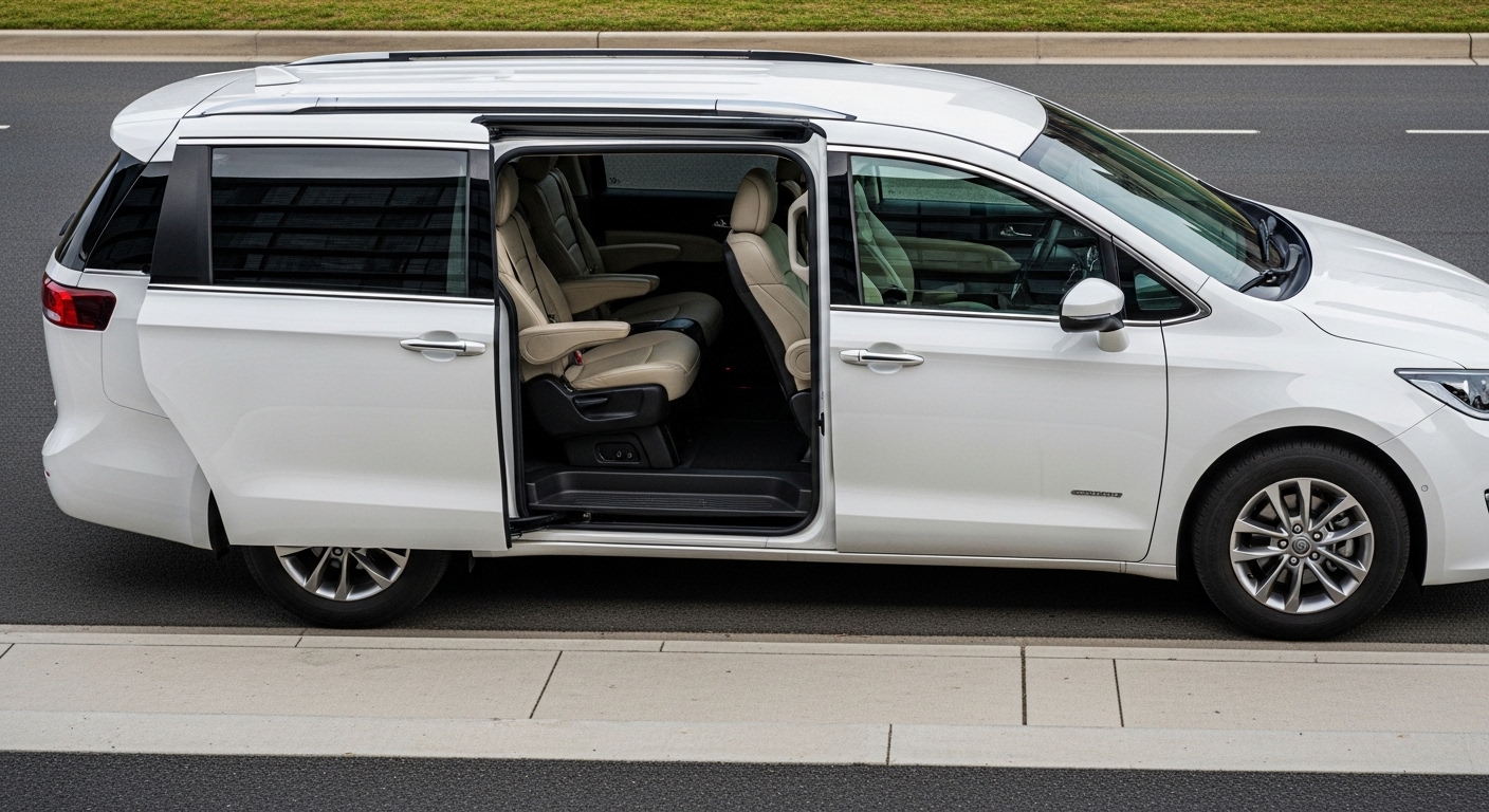 White minivan parked at the kerb with its sliding side door open, showing beige interior seats
