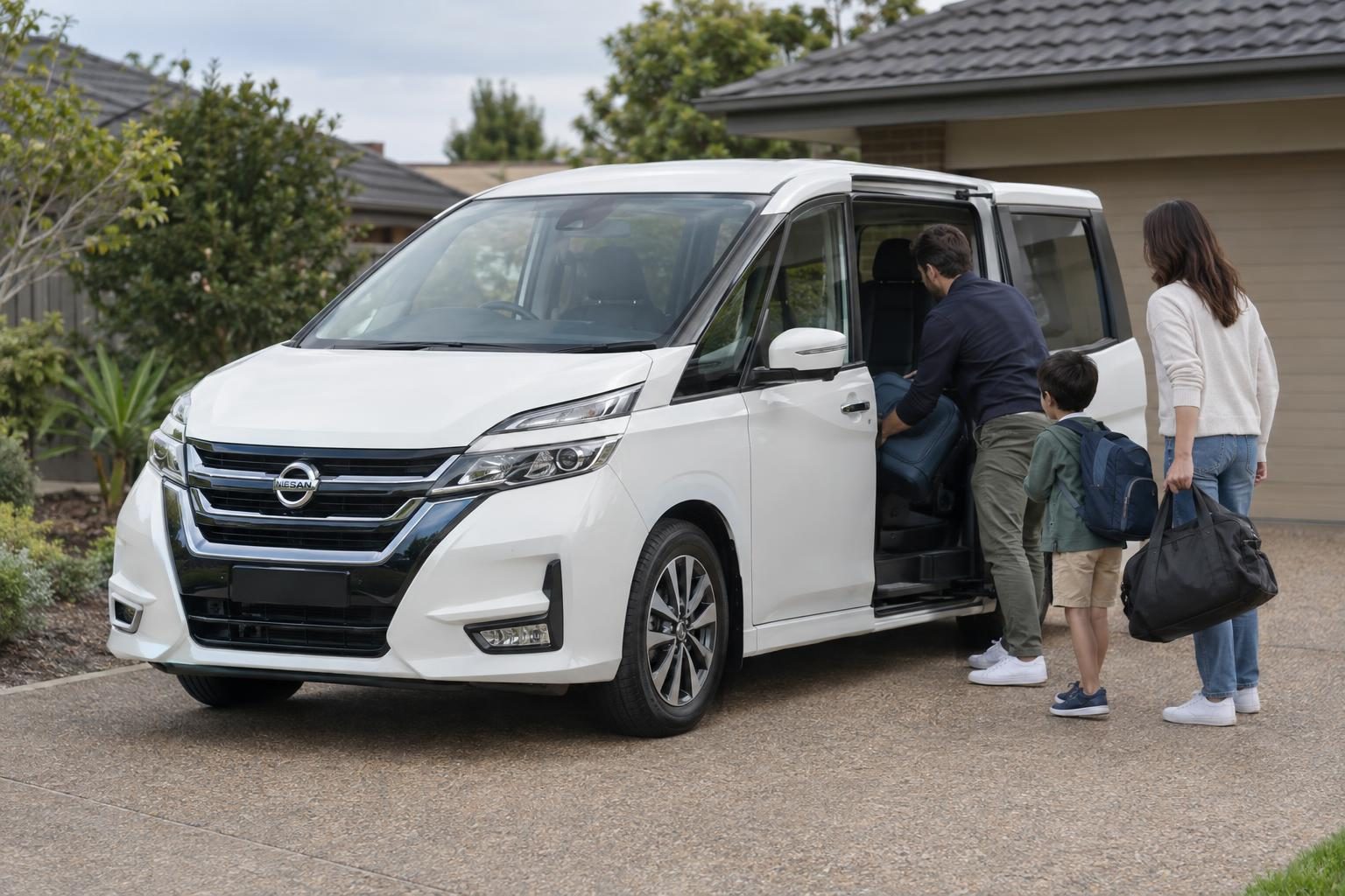 Family loading bags through the open sliding door of a white Nissan Serena in a driveway.