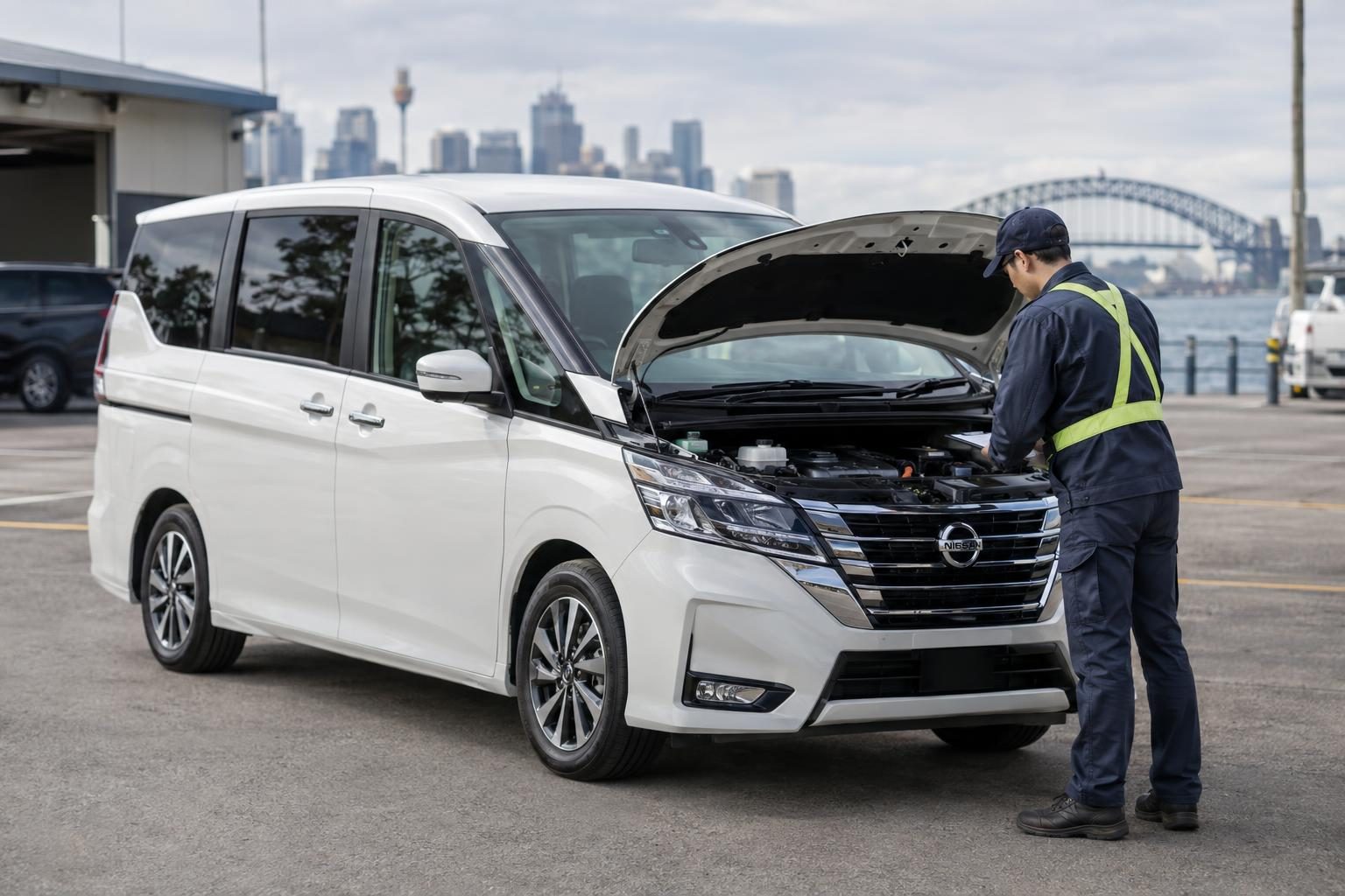 A white Nissan Serena C27 parked with other people movers in a clean vehicle warehouse.
