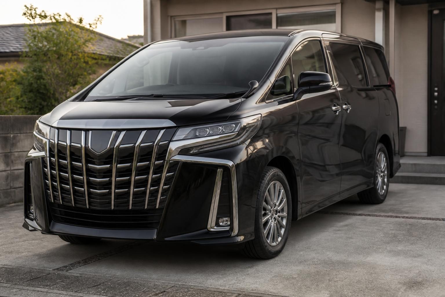 Dark luxury minivan with a large chrome grille parked in a modern home's driveway.