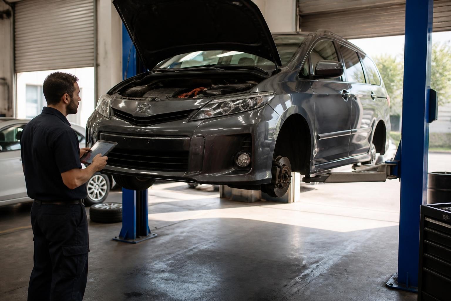 Mechanic holding a tablet inspects a grey people mover on a workshop hoist with its hood open.