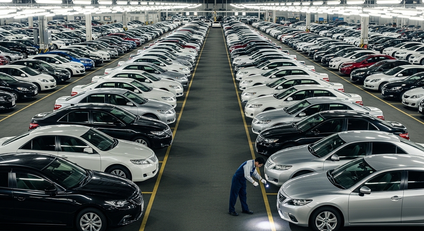 High-angle view of rows of sedans in a brightly lit indoor auction hall, with an inspector checking a car