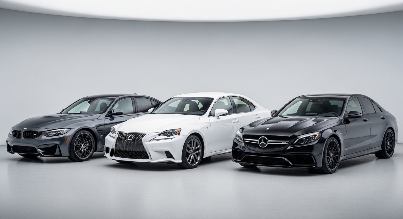 Three performance sedans in a white studio: gray BMW, white Lexus, and black Mercedes