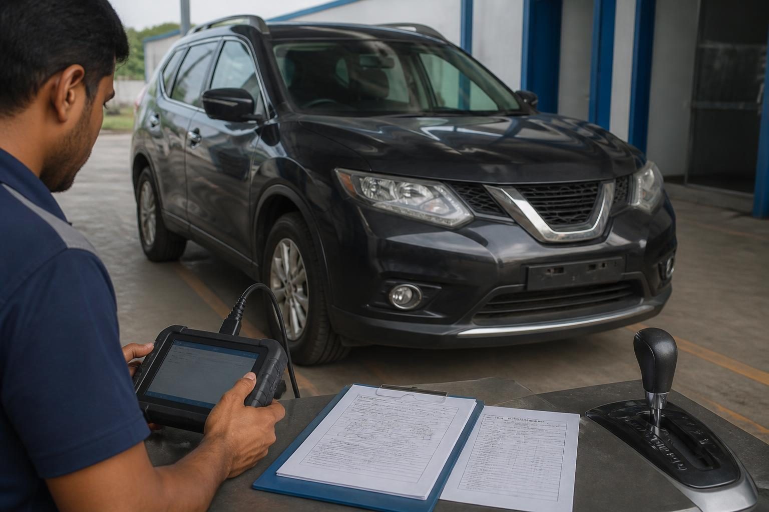 Technician uses a diagnostic scanner beside a black Nissan SUV with inspection papers and a gear selector.