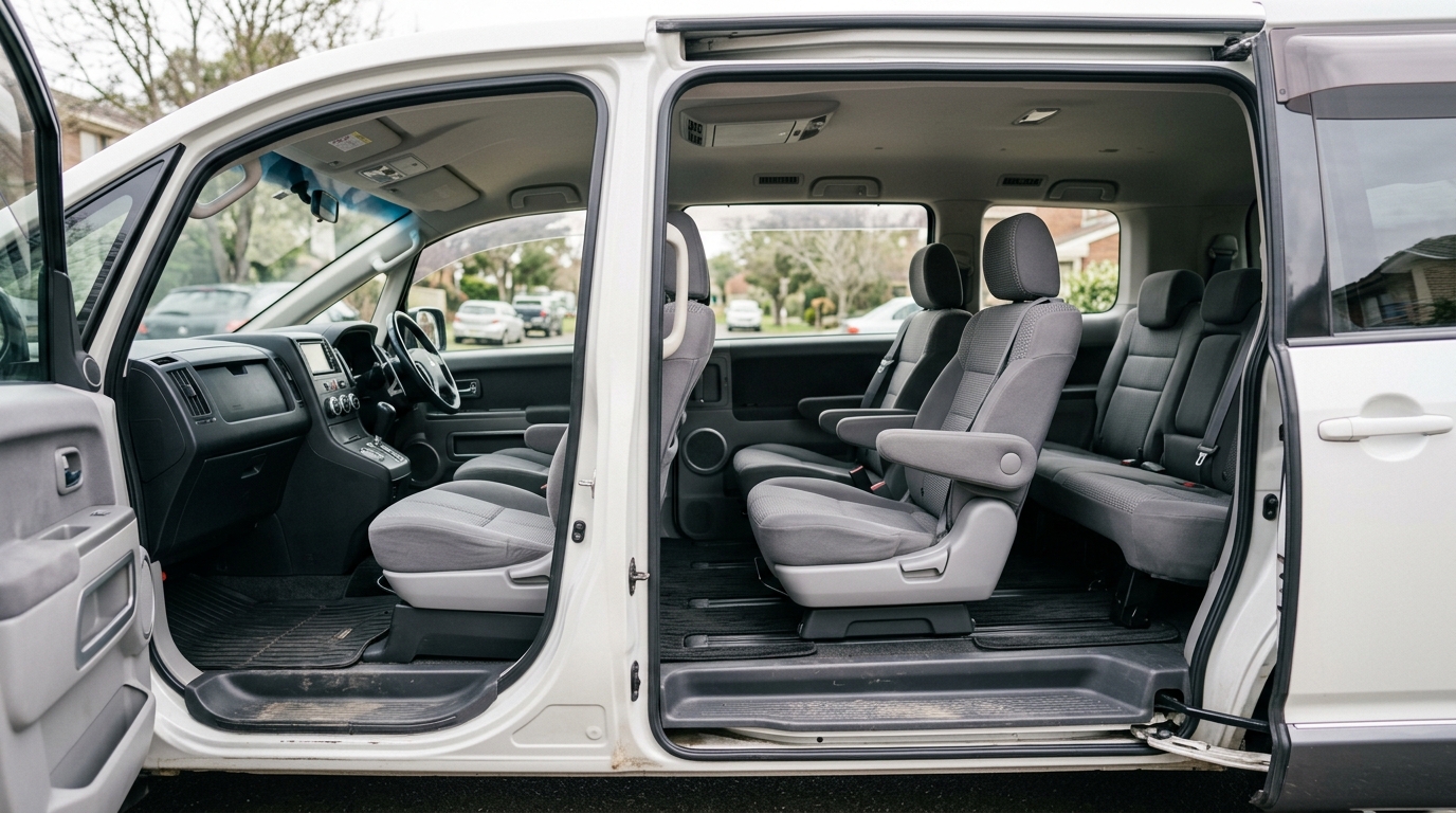 Open side-door view of a white MPV with grey cloth seats in three rows.