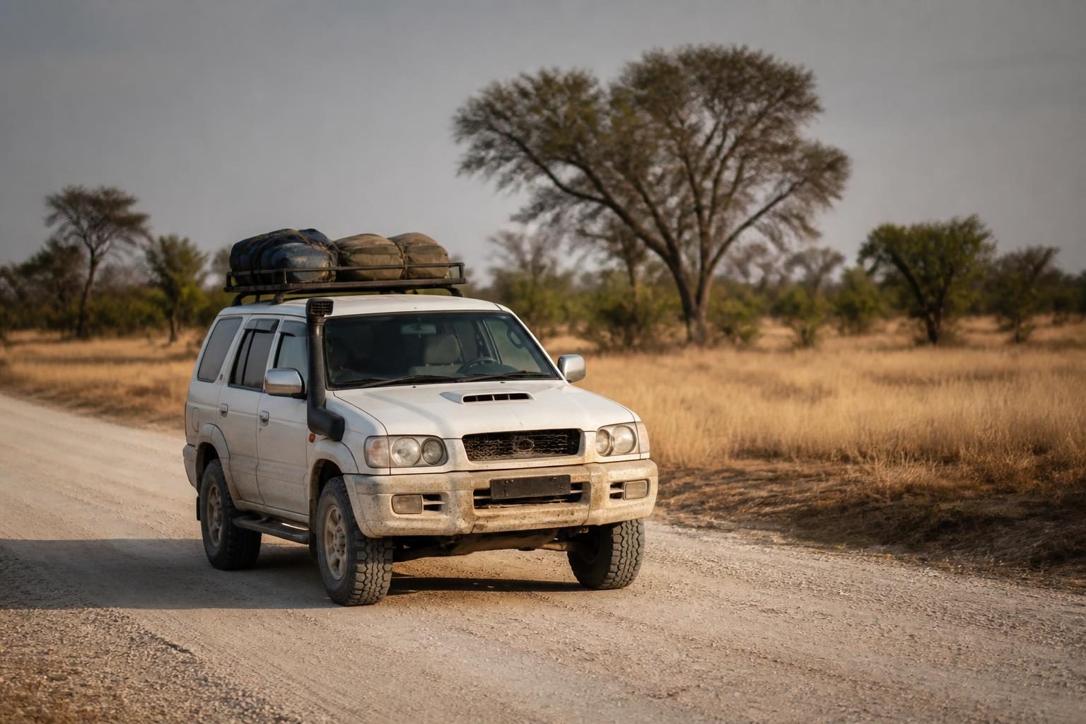 White SUV with bags on a roof rack driving on a dusty road through dry bushland