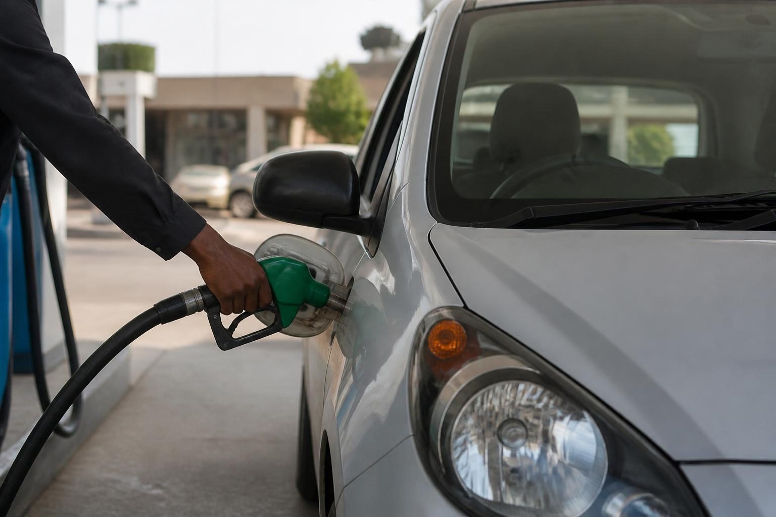 Hand holding green fuel nozzle pumping petrol into a white compact car at a station