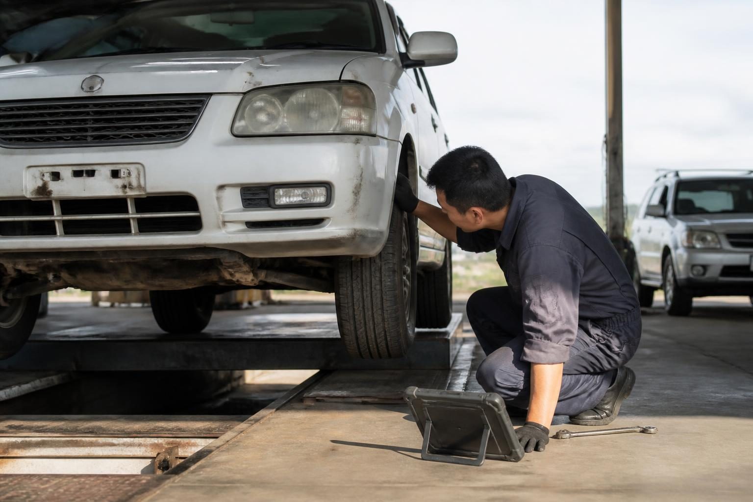 Mechanic crouches beside a white car inspecting the front wheel area with a tablet on the floor