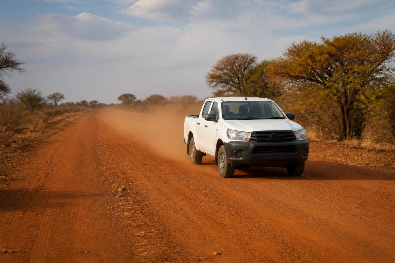 White double-cab pickup driving on a red dirt road, trailing dust through dry scrubland.