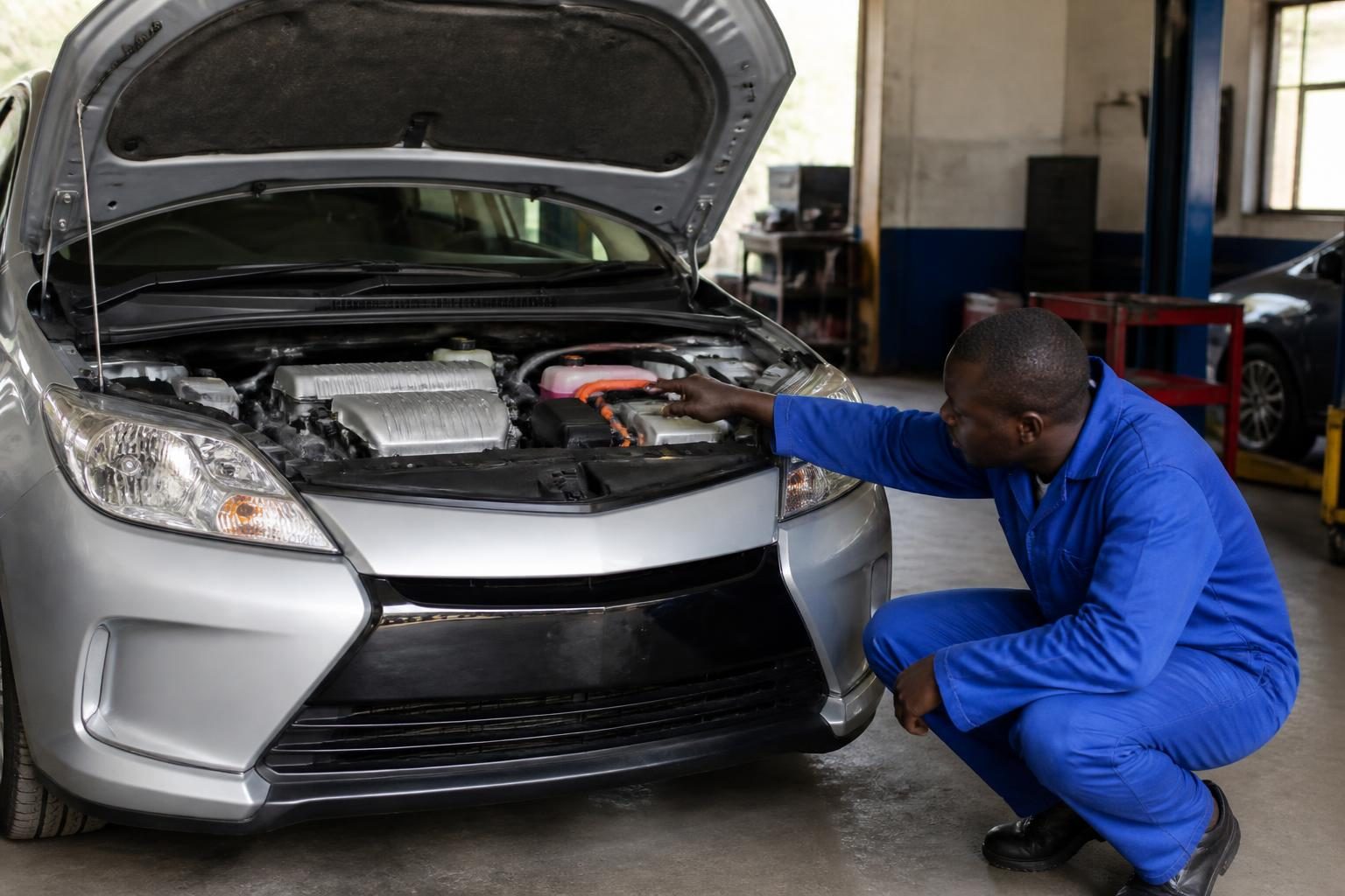 Mechanic in blue overalls points to orange wiring in an open hybrid car engine bay.