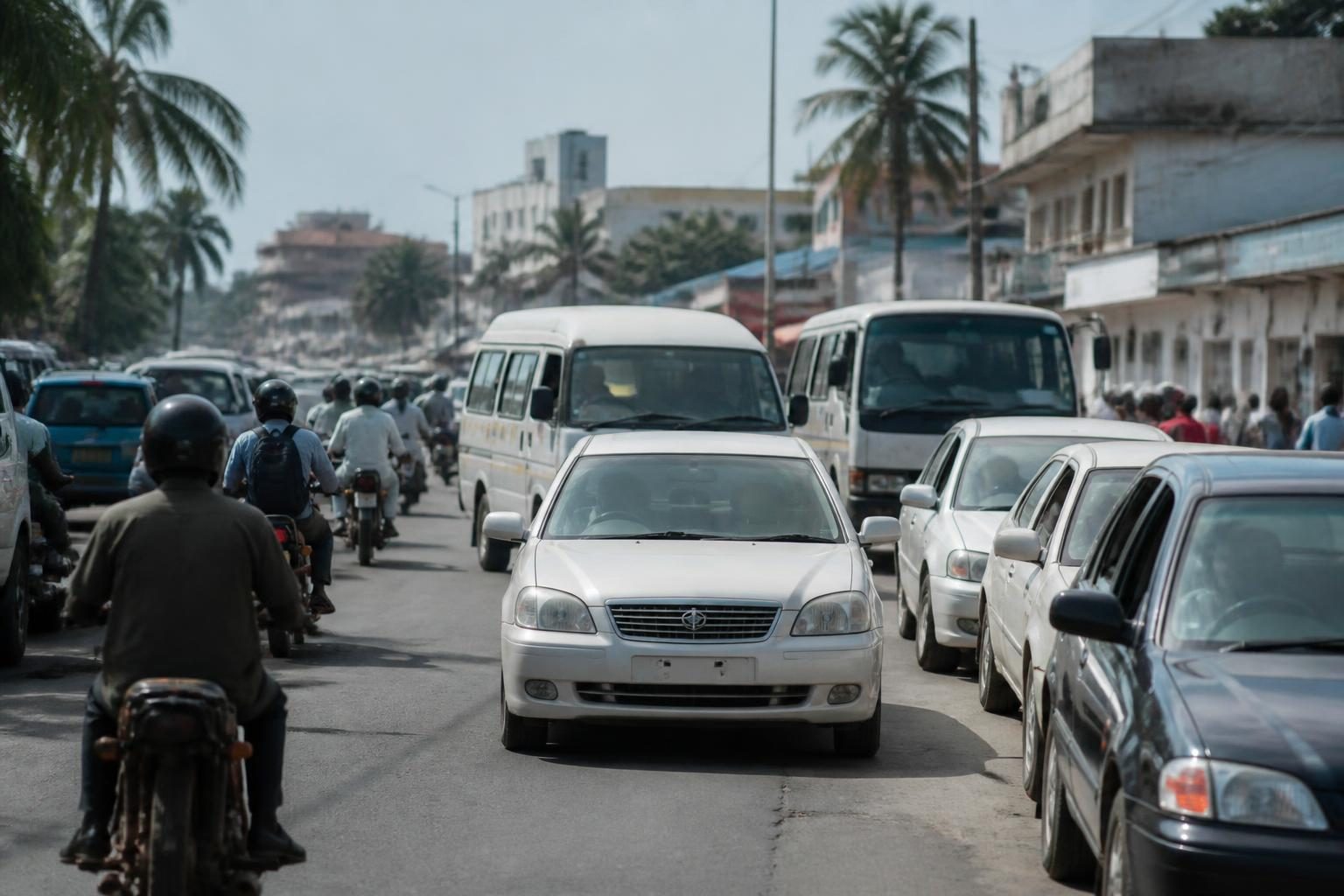 Dense traffic with sedans, white minibuses and motorcycles on a palm-lined tropical city street.