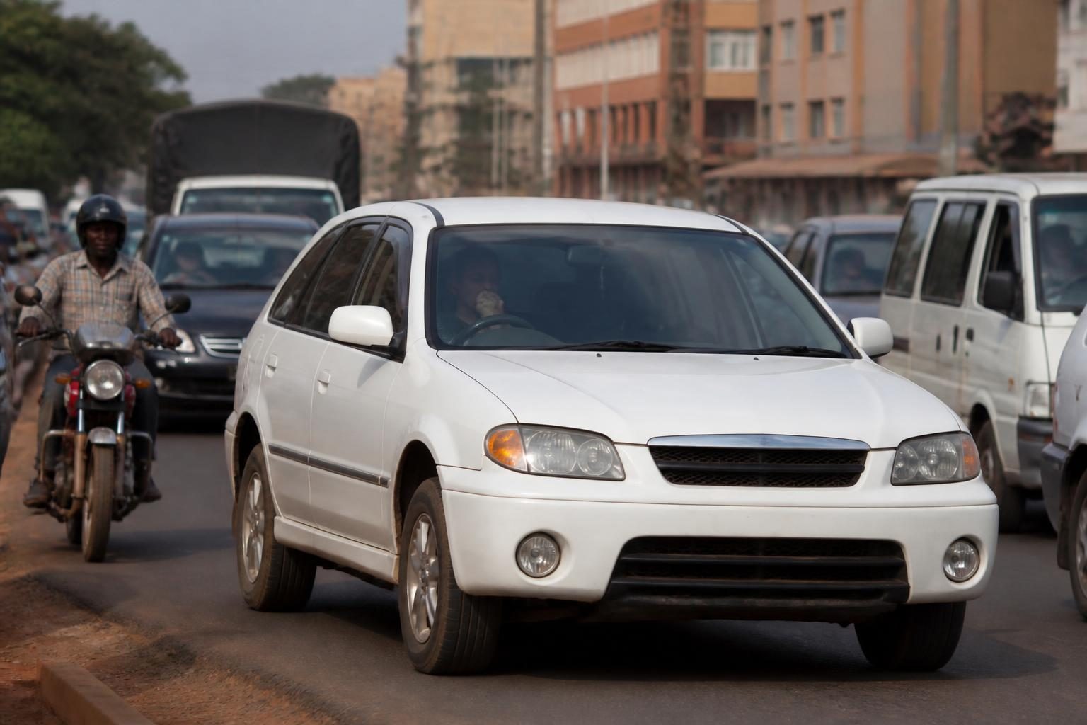White car leading slow traffic on a city road with a motorcycle and vans alongside