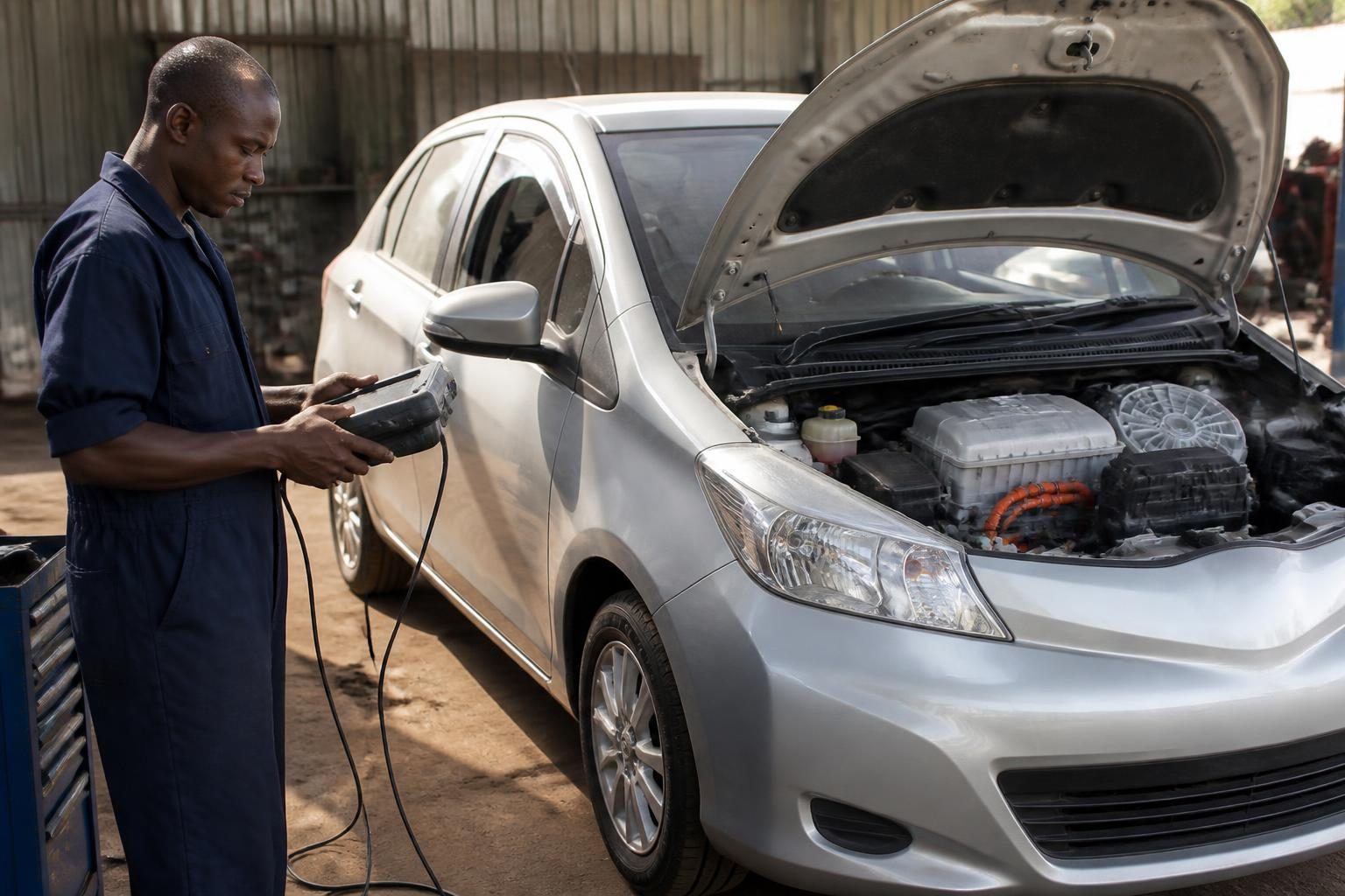 Mechanic holding a diagnostic scanner beside a silver hatchback with its bonnet open in a workshop
