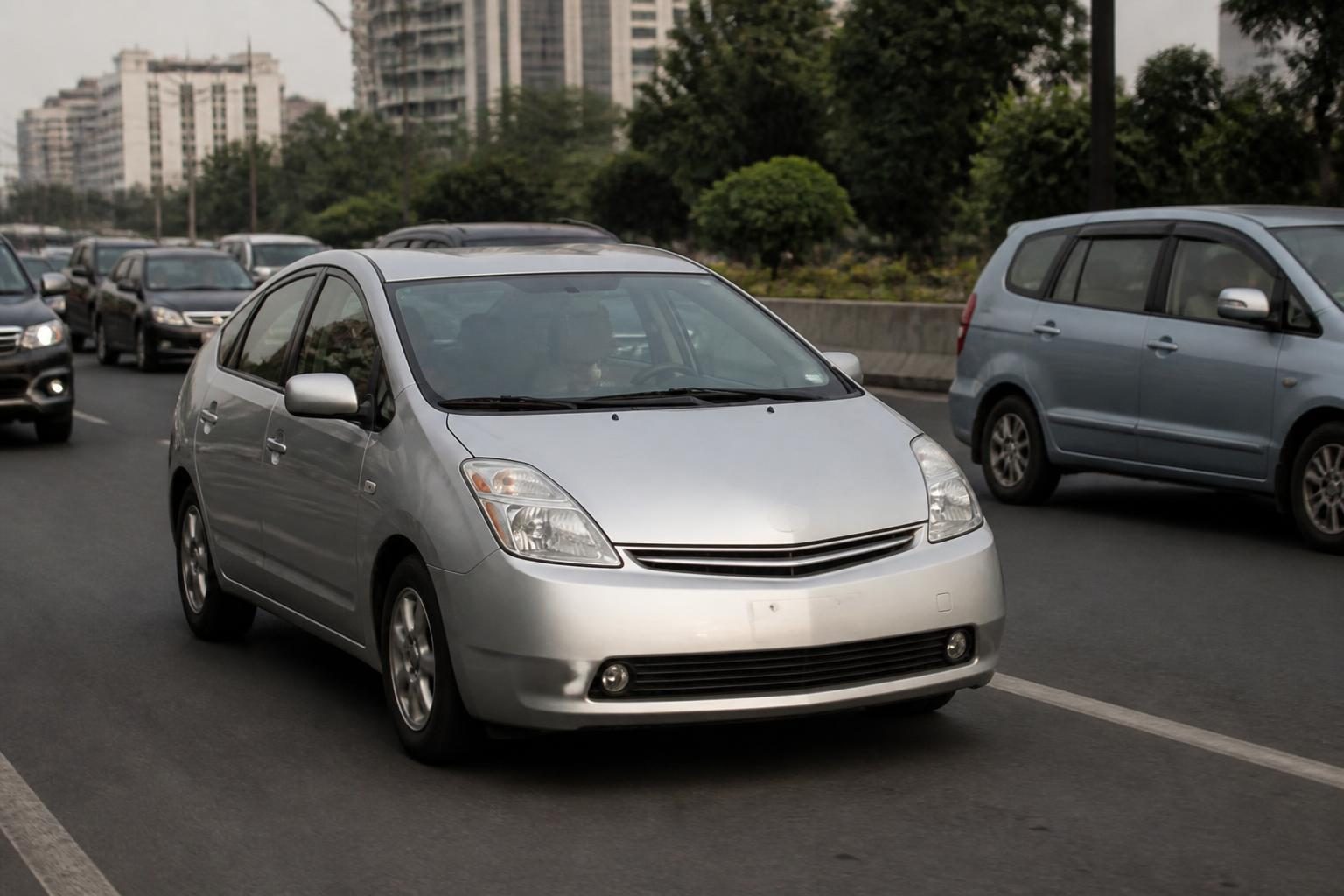 Silver hatchback driving in city traffic with other cars, trees, and tall buildings behind