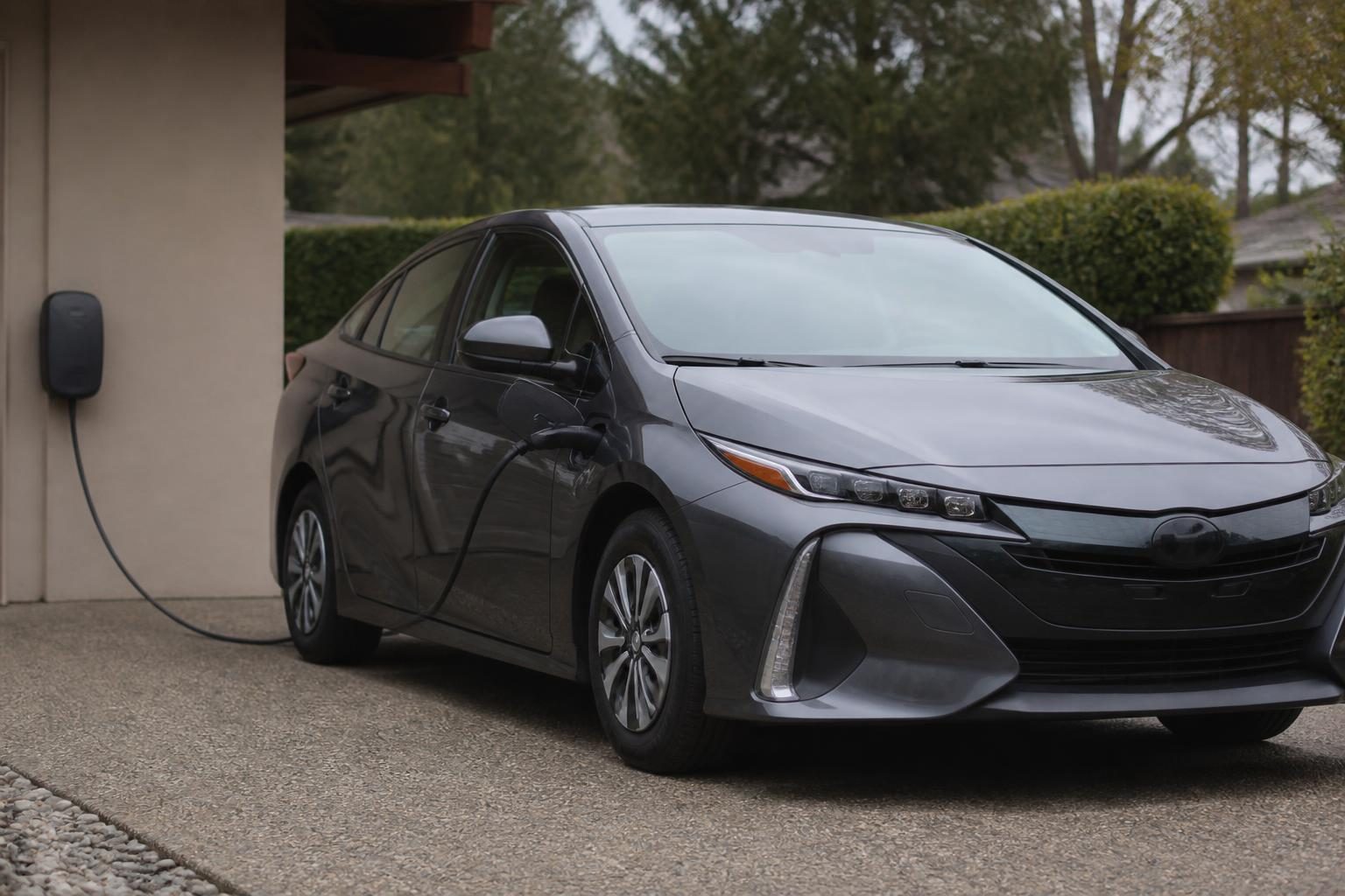 Gray sedan connected to a wall-mounted charging cable in a residential driveway