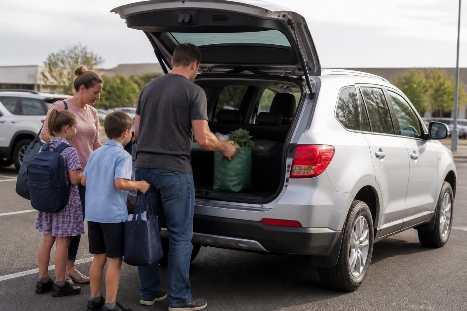 Family loading shopping bags into the open boot of a silver SUV in a car park.