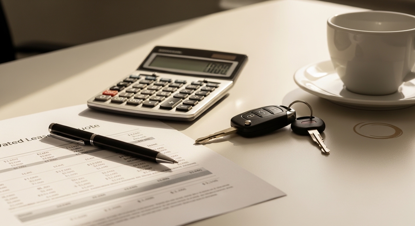 Novated lease quote on a desk with pen, calculator, car keys and a white coffee cup