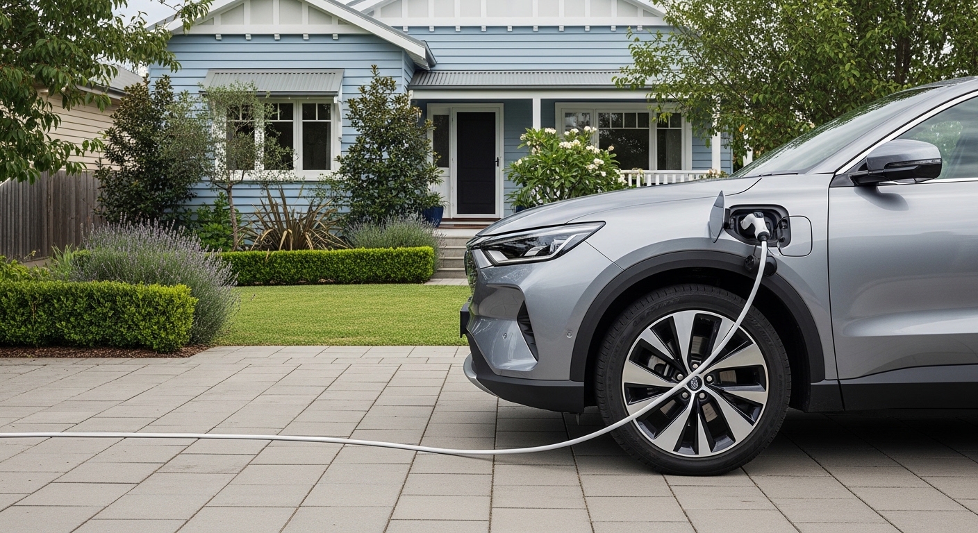 Silver SUV charging in a paved driveway in front of a blue weatherboard house and garden