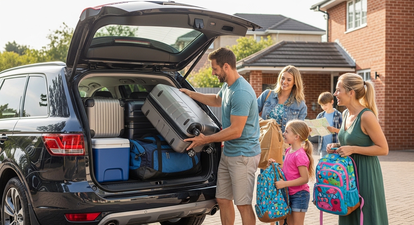 Family loading suitcases and backpacks into the open rear of a black SUV in a driveway