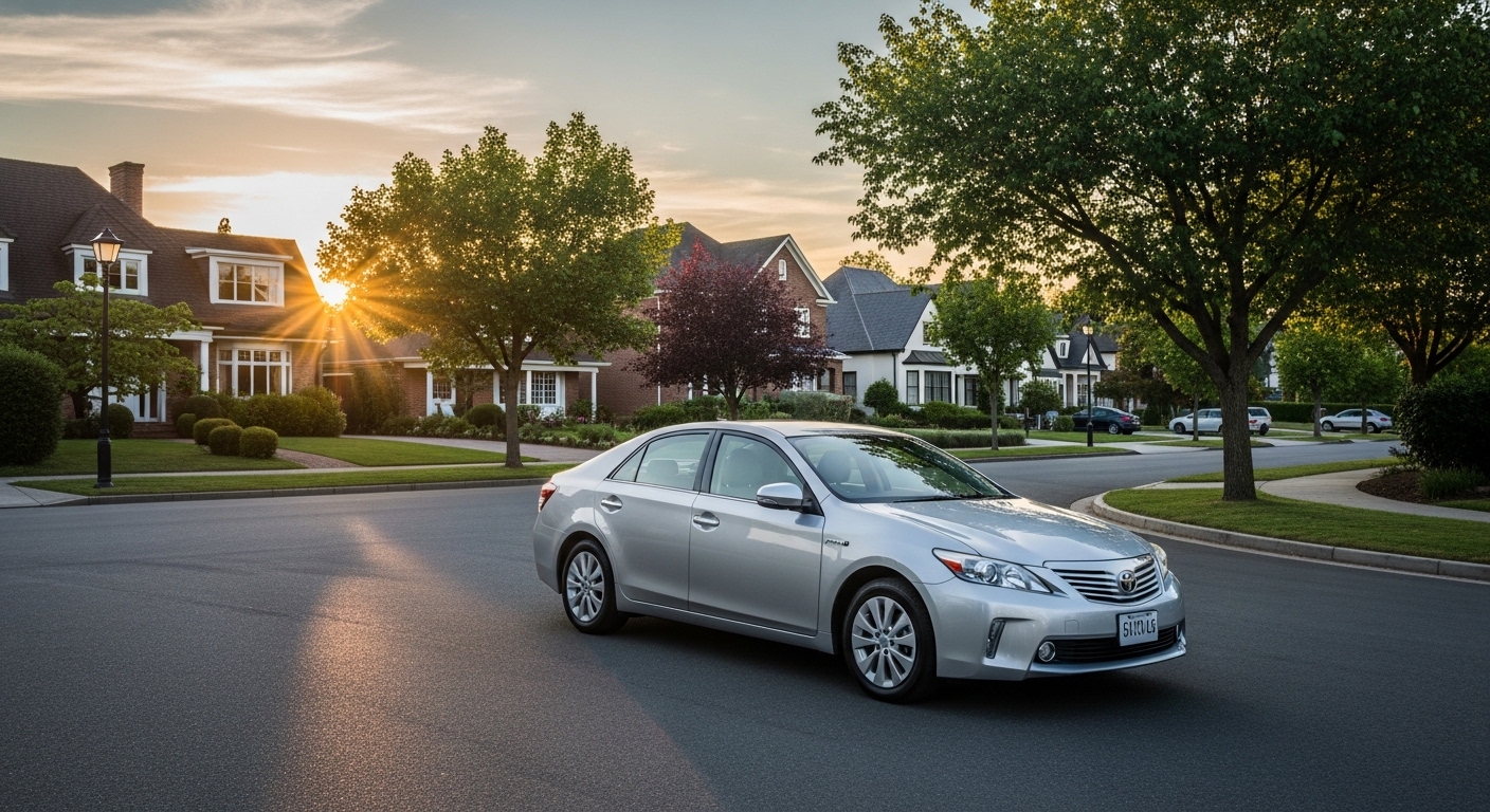 Silver Toyota hybrid sedan parked on a quiet suburban street at sunset with large houses and trees