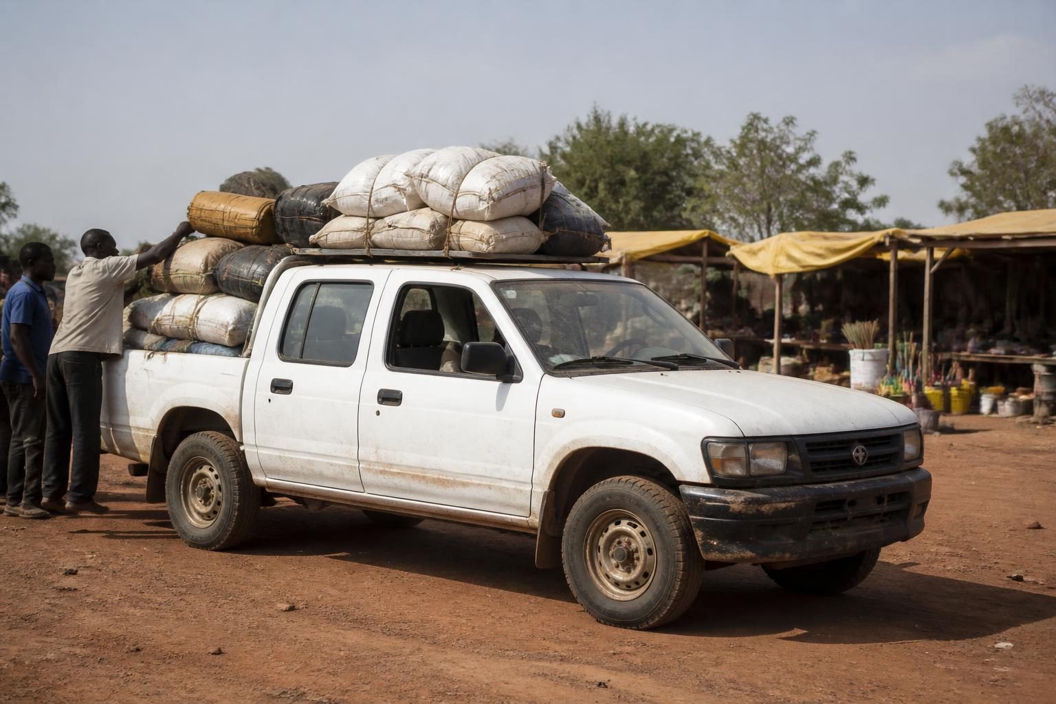 Men load large sacks onto a white double-cab pickup beside a dusty roadside market.