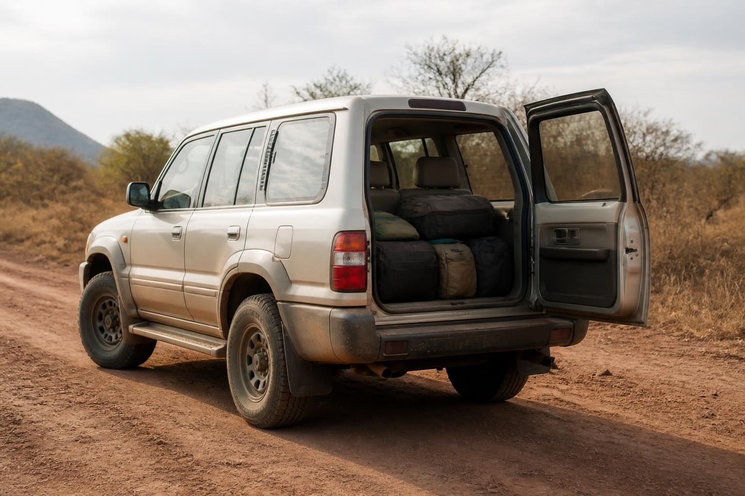 Silver rugged SUV on a dusty rural road with rear door open and soft bags inside.